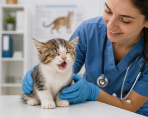 Veterinarian examining a sneezing cat to diagnose common upper respiratory infections.